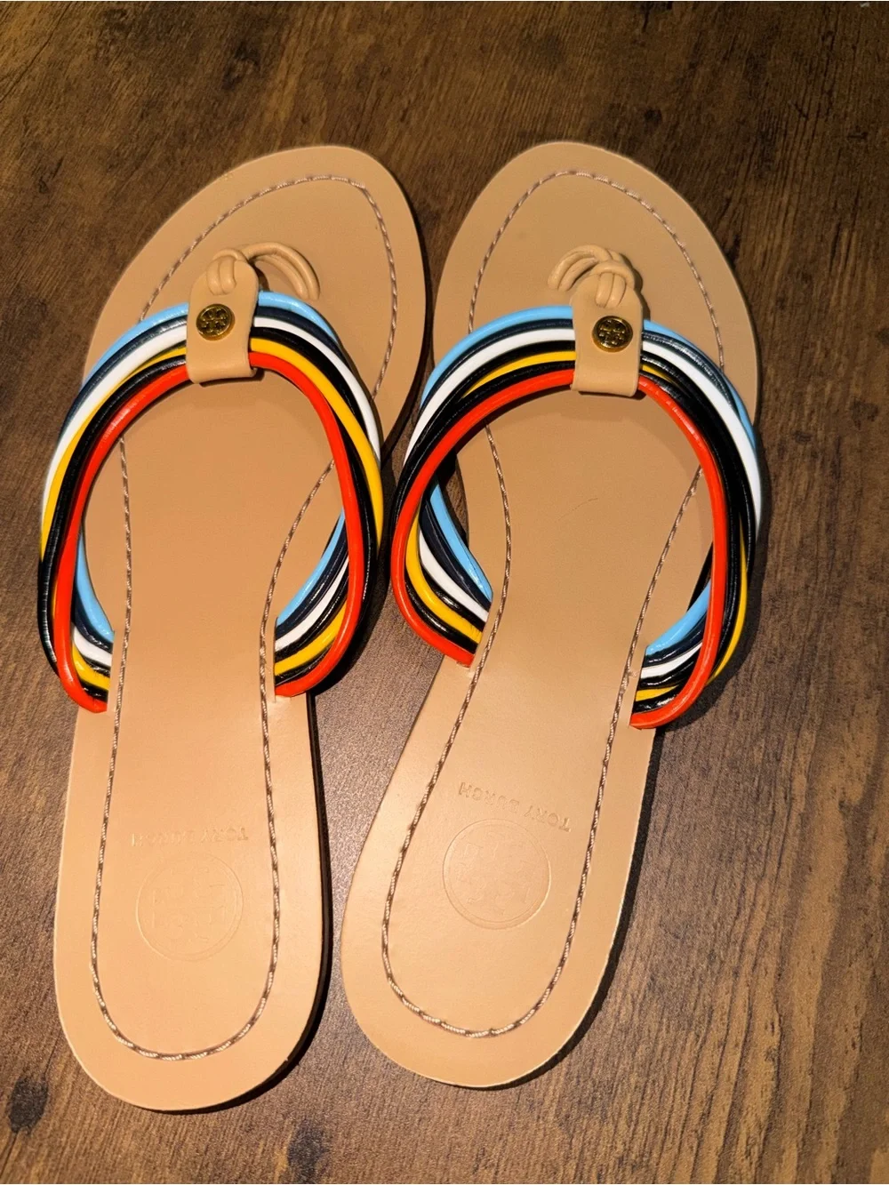 Tory Burch Tan Leather Sandals with Multicolor Braided Straps